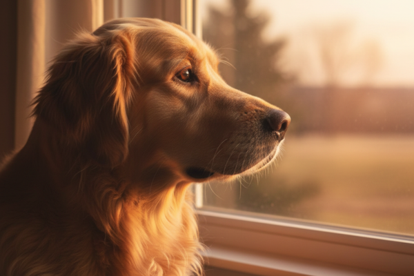 Fotografia em close-up de um cachorro de perfil, olhando fixamente através de uma janela. O pelo do animal é iluminado por uma luz dourada de pôr do sol, criando um contorno brilhante. O fundo está embaçado (efeito bokeh), destacando a expressão tranquila e melancólica do cão.