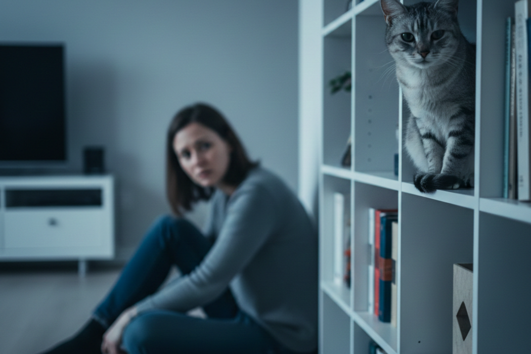 Gato sentado sozinho em uma prateleira alta, observando o ambiente à distância, com postura retraída e expressão silenciosa, sinalizando possível estresse ou desconforto emocional.